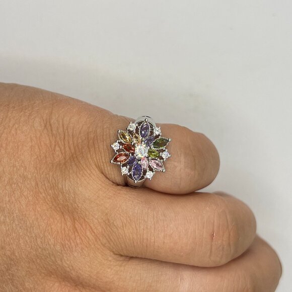 Rainbow Czs Flower Silver Ring - Size 7 - Picture 5 of 6